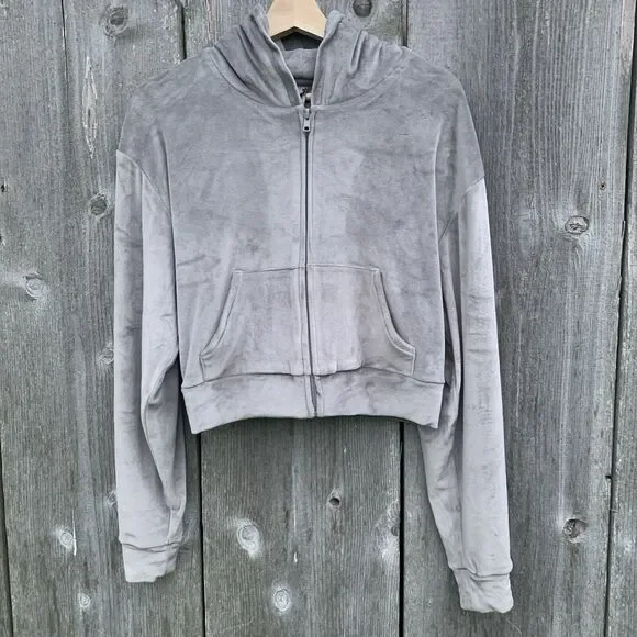SKIMS Jacket Sz Medium Grey Velour Zip Up Hoodie Short Super Soft Loungewear - Picture 2 of 12
